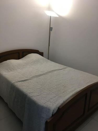 een slaapkamer met een bed met een witte deken erop bij Appartement neuf pontaillac in Royan