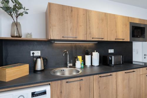 a kitchen counter with a sink and a microwave at Arbio I Central Apartments Koblenz in Koblenz