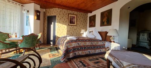 1 dormitorio con 1 cama, mesa y sillas en Vila Anastasia, en Săcărîmbu