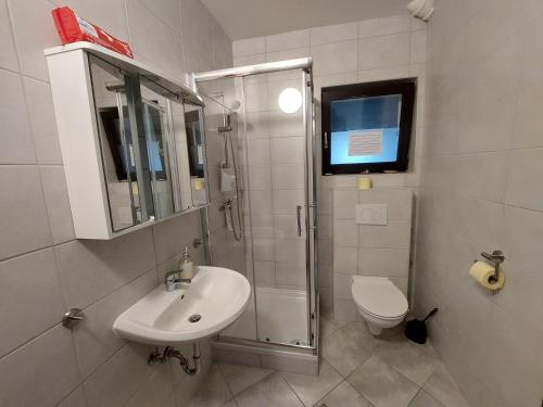 a bathroom with a sink and a shower and a toilet at Studio apartment Aren in Porat