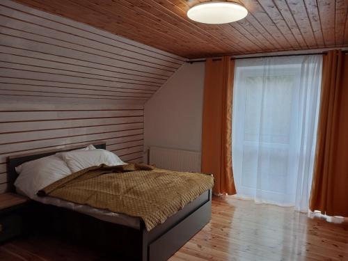 - une chambre avec un lit et une grande fenêtre dans l'établissement Apartament w Podgórzynie, à Podgórzyn