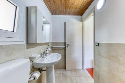 un bagno con lavandino, WC e doccia di Dependance con piscina a Taurisano