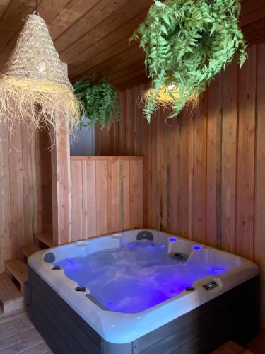 a jacuzzi tub in a wooden room with plants at Gîte à Villeréal avec spa in Villeréal
