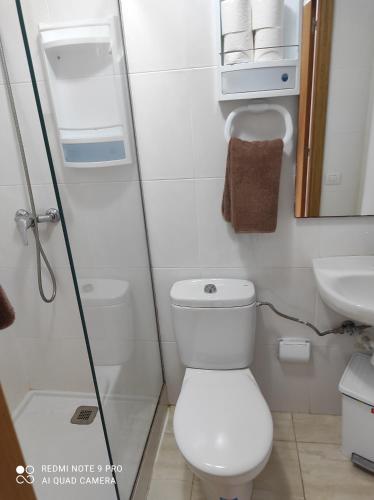 La petite salle de bains est pourvue de toilettes et d'un lavabo. dans l'établissement Alojamientos Playa Centro Corralejo 15, à Corralejo