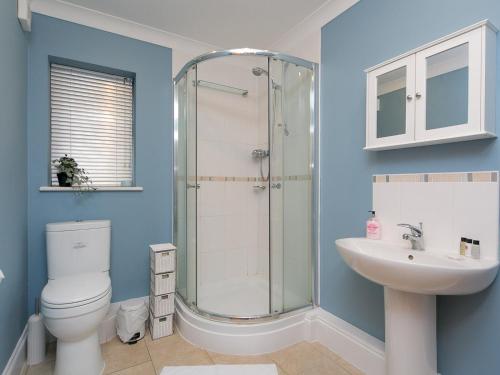 a bathroom with a shower and a toilet and a sink at Pass the Keys Cysgod Eryri Spacious House near Anglesey Coast in Brynteg