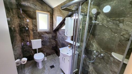 Un baño con ducha, inodoro y lavabo. en Apartments Maxi Katić, en Herceg-Novi