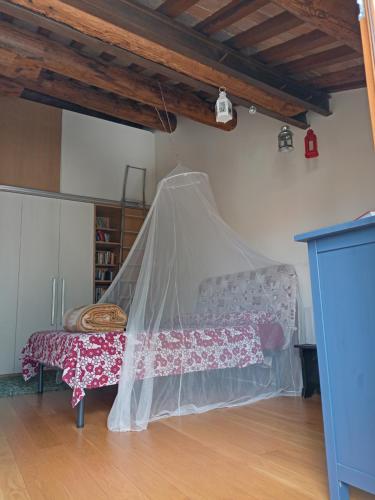 a bedroom with a bed with a mosquito net at La casa di Blue in Padova