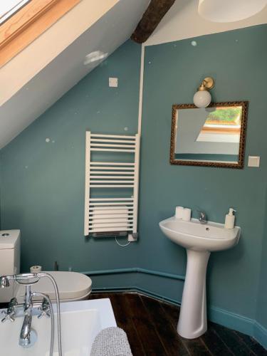 La salle de bains est pourvue de murs bleus et d'un lavabo. dans l'établissement L'Authentique maison de charme, à Aubusson