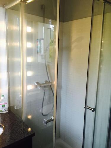 une douche avec une porte vitrée dans une salle de bain dans l'établissement Villa Roquefortoise avec piscine, à Roquefort-les-Pins