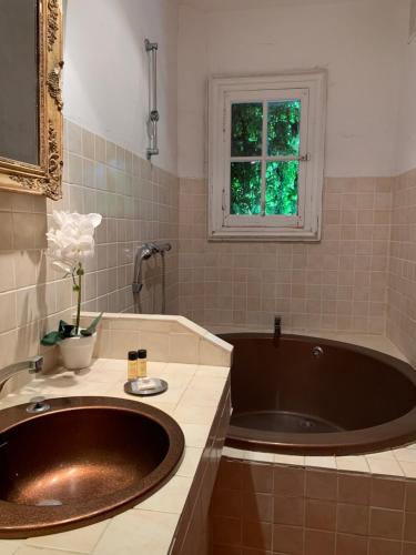 a bathroom with a large tub and a window at La Bellonette in Marseillan