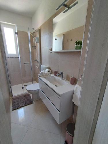 a bathroom with a sink and a toilet and a shower at Panoramic View Apartment Leonardo in Rab