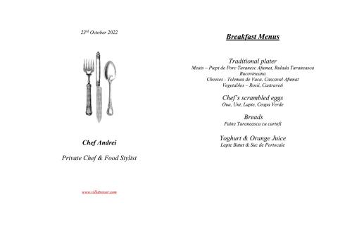 a page of a menu for a restaurant with scissors at Villa Trésor Voronet in Gura Humorului