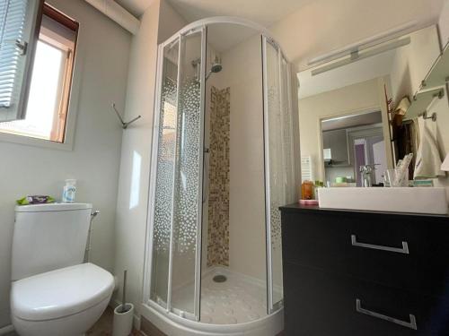 une salle de bain avec une douche, des toilettes et un lavabo dans l'établissement Charmant appartement à 50m de la plage avec terrasse, parking privé et balcon aménagé - FR-1-413-216, à Capbreton