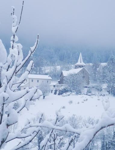 a snow covered tree with a church in the background at chambres d hotes Ysalice in Merlas