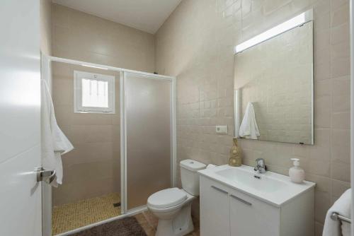a bathroom with a toilet and a sink and a shower at Casa Rural María Lantejuela in La Lantejuela