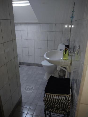 a bathroom with a white toilet and a sink at Helsinki Blue House in Helsinki