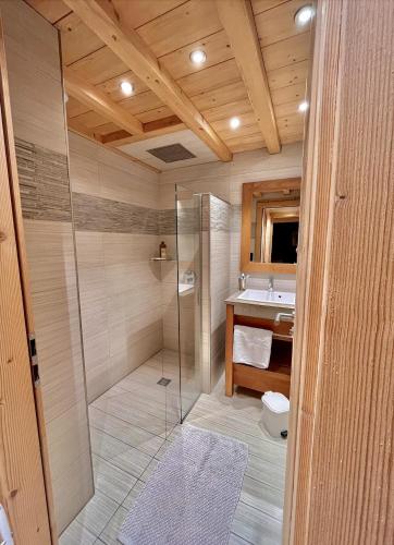 une salle de bain avec douche et lavabo dans l'établissement Résidences Delavay La Cordée, aux Gets
