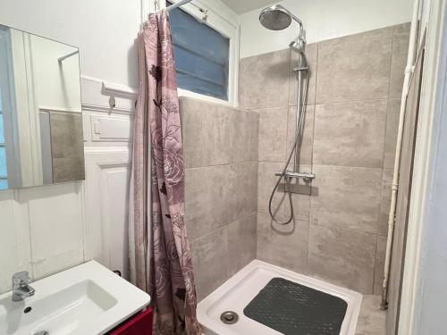 une salle de bain avec douche et lavabo dans l'établissement T1 moderne, cosy au centre-ville d'Aix-les-Bains, proche des thermes et commerces! - FR-1-555-33, à Aix-les-Bains