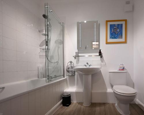 a bathroom with a toilet and a sink and a shower at Old Whisky Distillery Apartment in Fort William