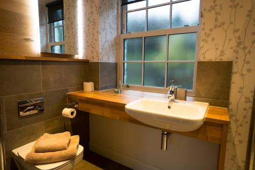a bathroom with a sink and a window and a toilet at Langdale Cottage - 5 bedrooms and 5 bathrooms in Chapel Stile