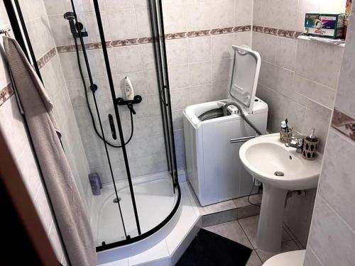a bathroom with a shower and a toilet and a sink at 1 Izbovy Apartman - Širšie Centrum in Martin