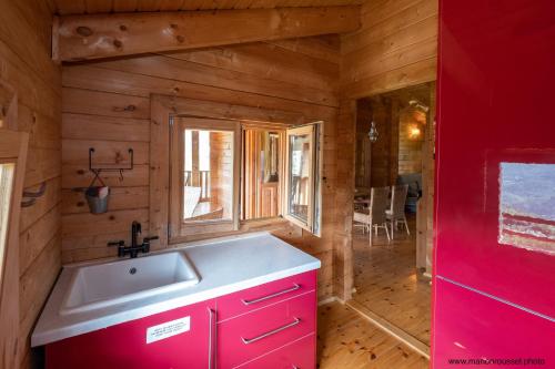 - une cuisine avec un évier dans une cabane en rondins dans l'établissement Oliveraie d'Olmiccia, à Olmiccia