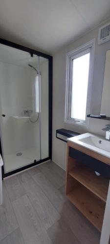 een badkamer met een glazen douche en een wastafel bij Le Mérou in Saint-Projet