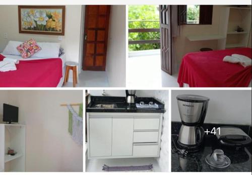 a collage of pictures of a room with a bed and a kitchen at Suítes Viver Bahia Morro Sao Paulo in Morro de São Paulo