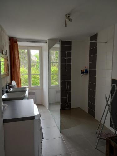 uma casa de banho com um lavatório, um chuveiro e um espelho. em L'école Buissonnière em Noyant-la-Plaine