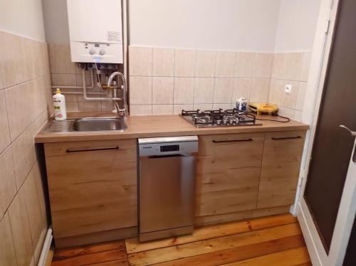 uma pequena cozinha com um lavatório e um fogão em Apartament nad kanałem em Giżycko