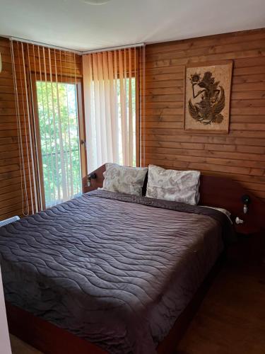 1 dormitorio con 1 cama grande y paredes de madera en Къща за гости '' СКАЙ ВЮ '', en Fish Fish