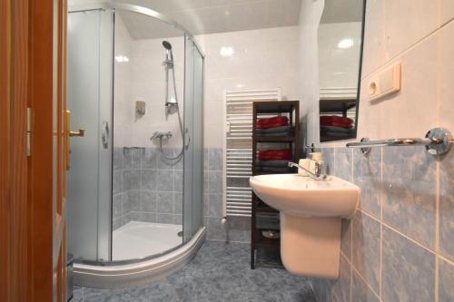 een badkamer met een wastafel en een douche bij Black Hill Apartments in Lauterwasser