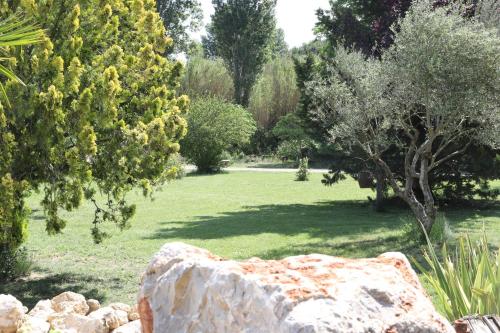 a garden with a rock and trees and grass at Duplex de charme au coeur de la Provence. in Pertuis