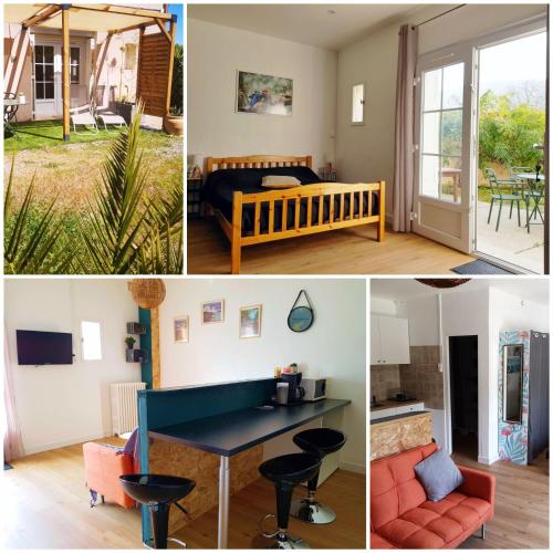 un collage de photos d'une chambre et d'un salon dans l'établissement MAS PARET Studio plein sud - Parc 1 ha au calme, à Argelès-sur-Mer