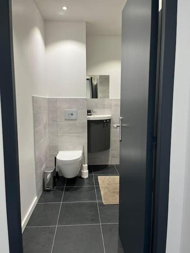 a bathroom with a toilet and a sink at Appartement de caractère in Irigny