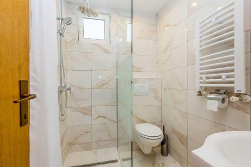 a bathroom with a toilet and a glass shower at Holiday Home OLIVE GARDEN in Brzac