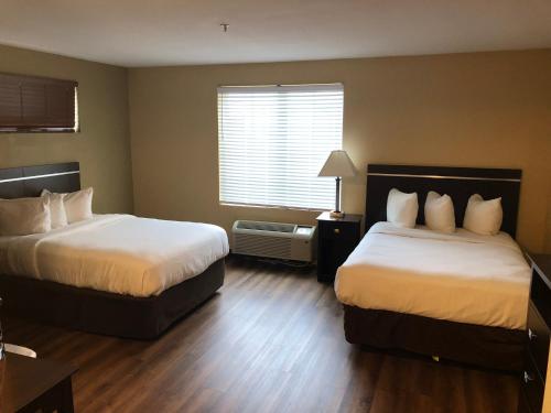 a hotel room with two beds and a window at MainStay Suites Jacksonville near Camp Lejeune in Jacksonville