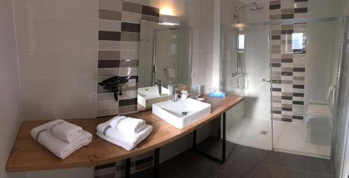 a bathroom with two sinks and a shower at Le Clos n°5 in Villy-le-Moutier