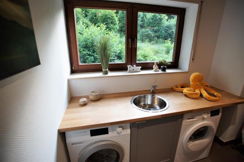 een badkamer met een wastafel en een wasmachine bij Mill Valley Casa in Koblenz