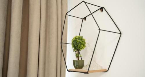 a mirror with a plant in it next to a curtain at Hotel Luris in Golem