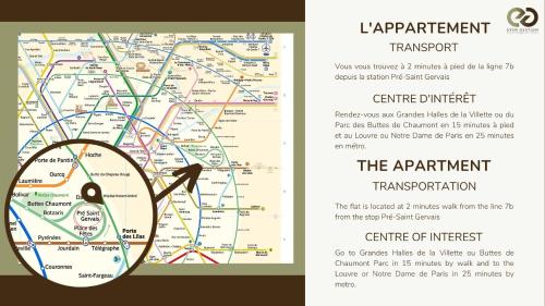 un plan de l'arrondissement et un plan du métro dans l'établissement Apart 1 Bedroom # Buttes Chaumont # Paris 19, à Paris