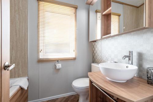 a bathroom with a white sink and a toilet at Stewarts Resort Lodge 52 in St. Andrews