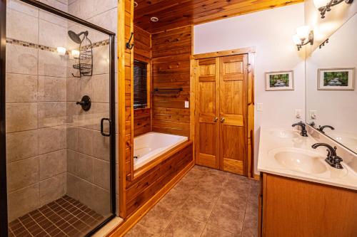 a bathroom with a shower and a tub and a sink at Donovans Dacha in McHenry