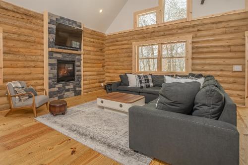 a living room with a couch and a fireplace at Almost Eden in McHenry