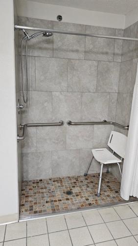 a shower with a chair in a bathroom at MJ INN and SUITES in Marienville