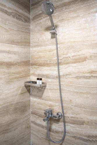 a shower with a shower head on a wooden wall at Hotel Luris in Golem