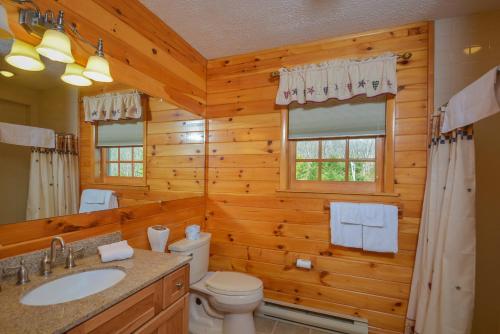 a log cabin bathroom with a toilet and a sink at Forever Young in McHenry