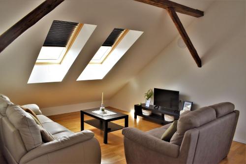 a living room with two chairs and skylights at Central Park Apartments in Koprivnica