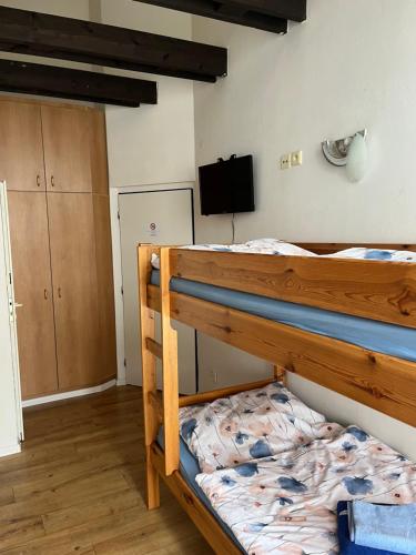 two bunk beds in a room with a television at Chata TARGET Senec in Senec