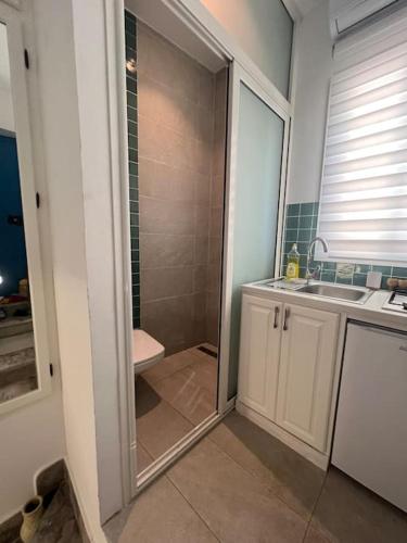 a small bathroom with a shower and a sink at Studio El Jamil in Douar el Hafey